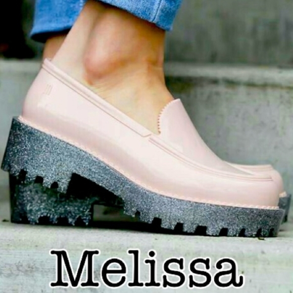 Melissa Shoes - Melissa Blush Silver Glitter Platform Jelly Loafers Size 8